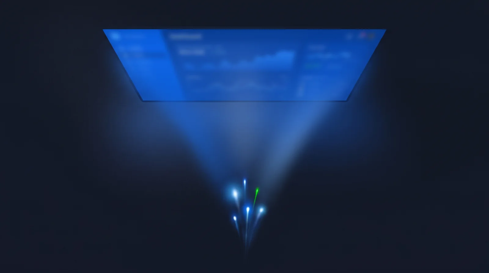 Abstract digital illustration of a holographic dashboard panel projecting a beam of light downward into a concentrated burst of glowing particles. Dark navy background with electric blue accents and a neon green highlight.