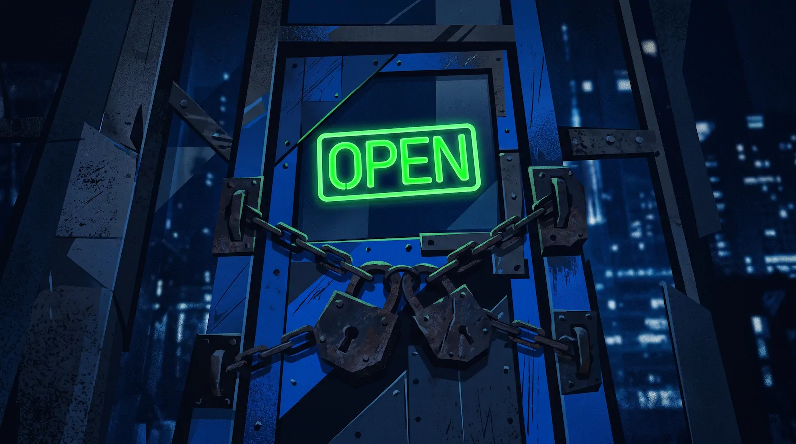 Abstract editorial illustration of a corporate building blocking delivery robots carrying citation parcels while industrial siphoning tubes extract data from the walls unnoticed.
