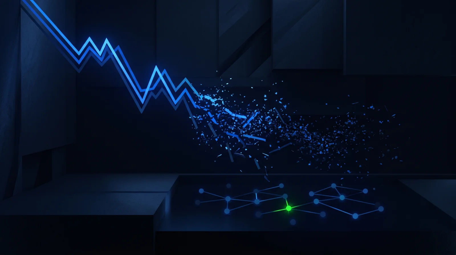 Abstract digital illustration showing a blue trend line descending and shattering into scattered particles, with a separate network of connected nodes forming below. Dark navy background with electric blue and neon green accents.