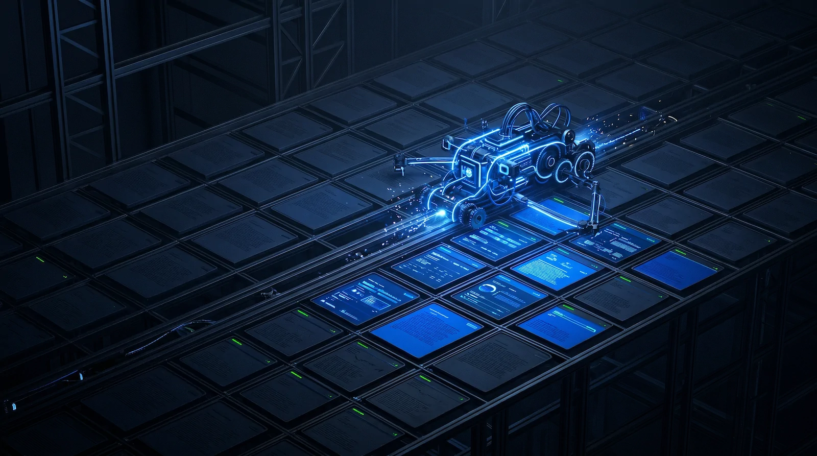 Abstract illustration of a glowing blue robotic node scanning across a dark grid of illuminated document tiles. Minimal, architectural, dark navy background with electric blue and neon green accents.